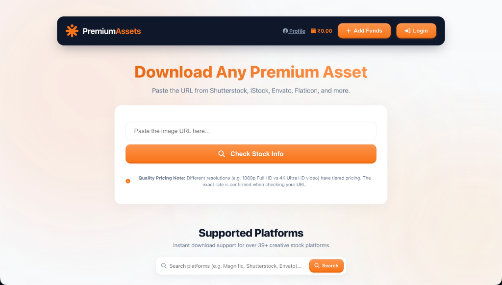 PremiumAssets Multi-Platform Stock Asset Downloader UI Preview